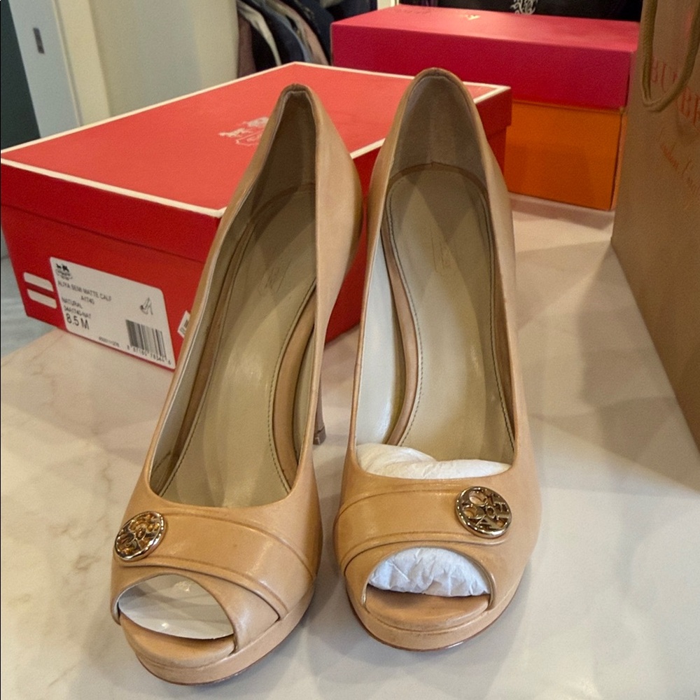 Coach Tan Peep-Toe Pumps